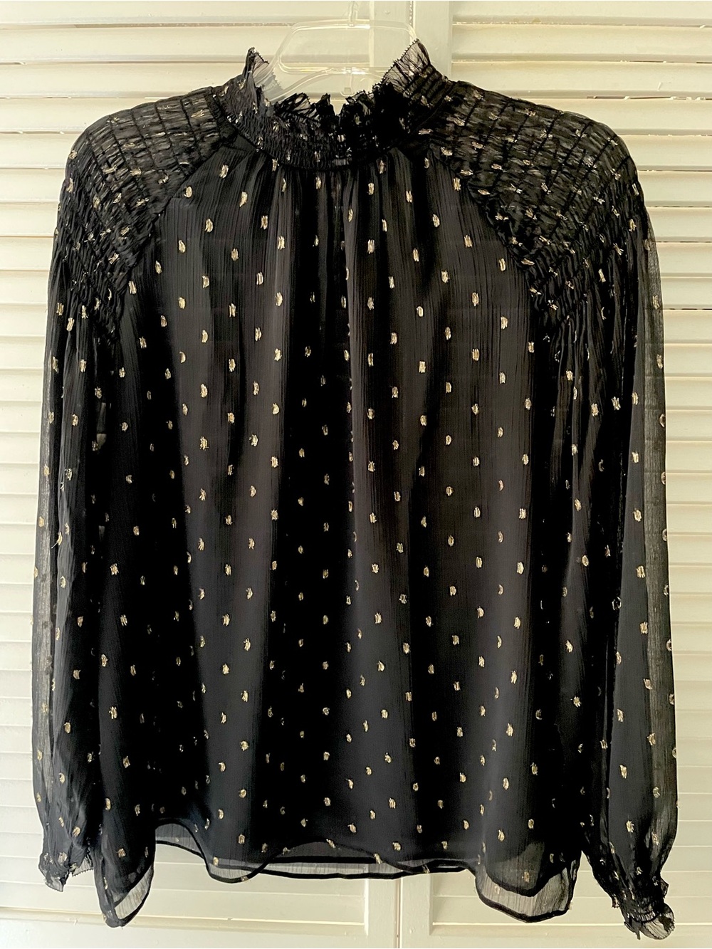 Ann Taylor Black Blouse with Gold Metallic Dot Print